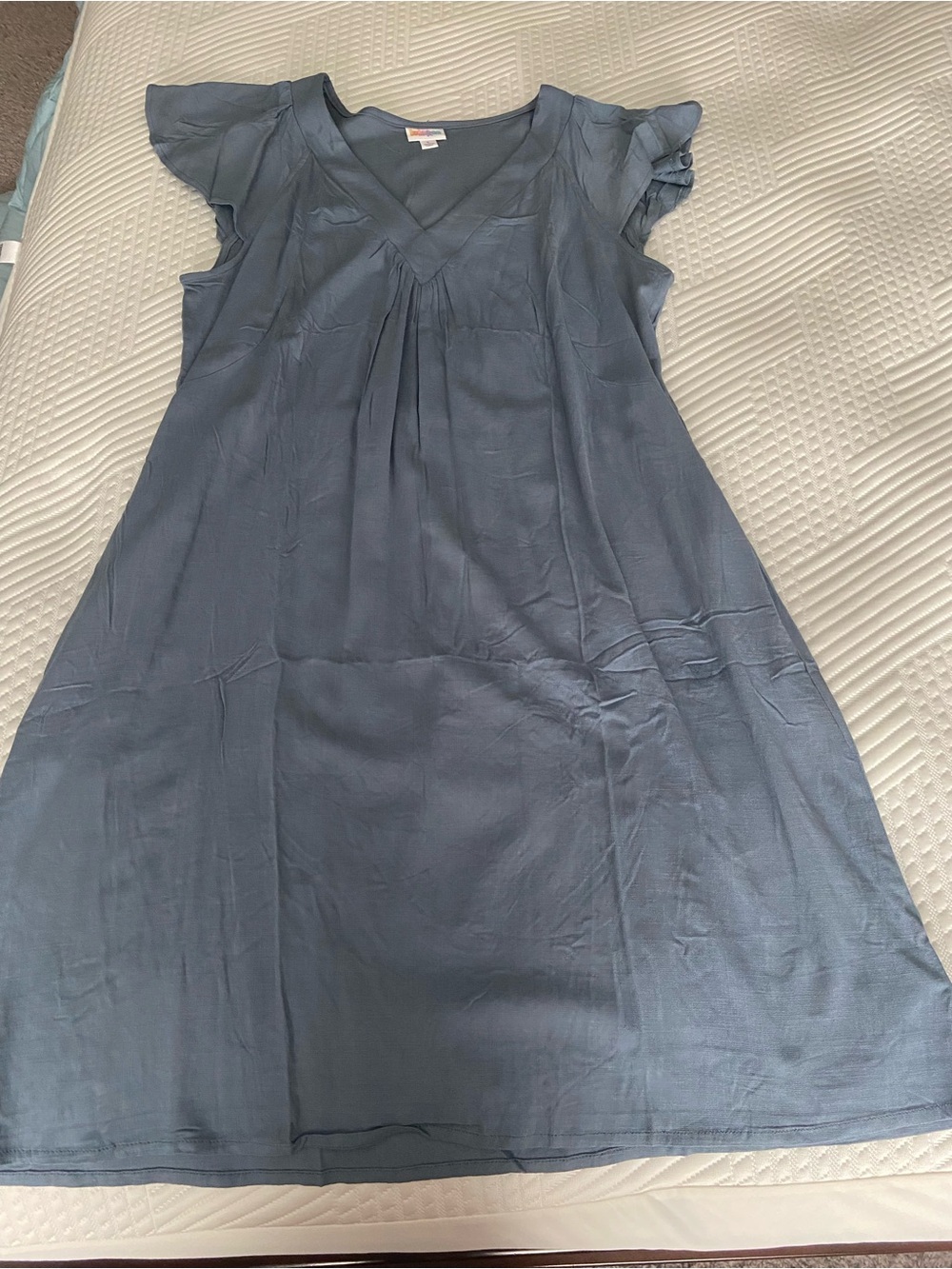 LuLaRoe Slate Blue V-Neck Flutter Sleeve Mini Dress